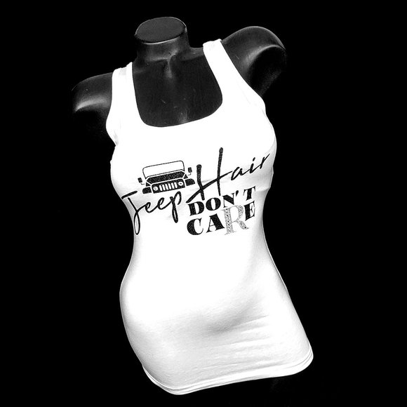 Jeep Hair Don't Care White Fitted Racerback Tank with Swarovski Crystals. - Picture 3 of 5